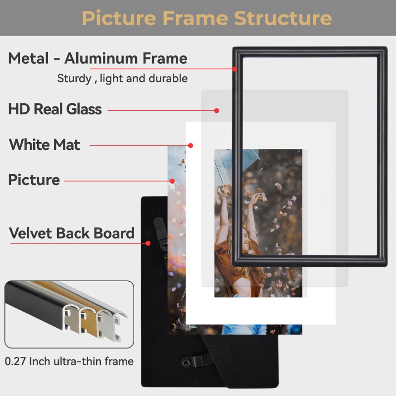 Fkvat 4x6 Picture Frame Set of 3, Black Modern Aluminum Metal Photo Frame with HD Glass, Fits 3x5 with Mat or 4 x 6 without Mat, for Tabletop and Wall Mounting - Image 4